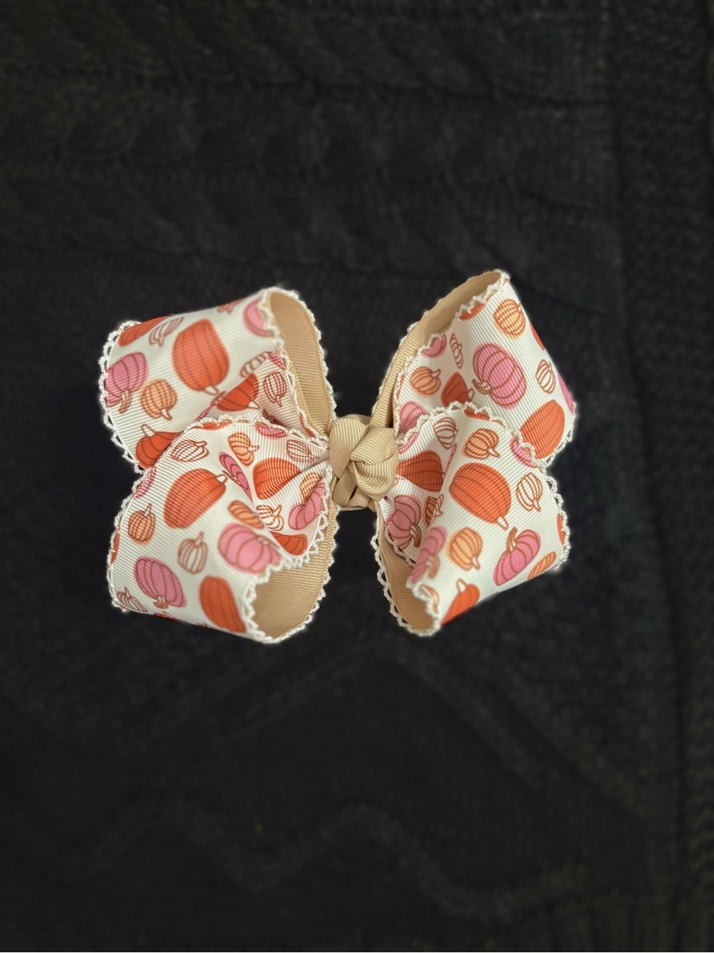 Kids Pumpkin Print Bow Hair Clip - Beige, Orange & Pink